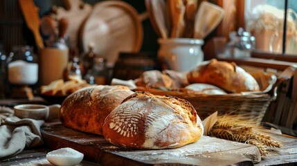 Poster - A basket filled with freshly baked bread sits on a table bathed in sunlight next to a window, casting soft shadows throughout the cozy kitchen. Generative AI