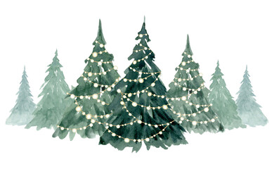 Fir trees in a row decorated with lights garlands watercolor illustration isolated on white. Winter green spruce forest for holiday celebration horizontal banner and landscape