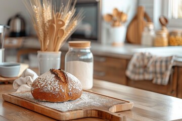 Aufkleber - A freshly baked loaf of bread sits on a wooden cutting board in a cozy kitchen setting. Generative AI