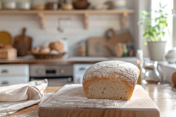 Aufkleber - A warm loaf of bread sits invitingly on a wooden cutting board in a cozy kitchen, ready to be sliced and enjoyed. Generative AI