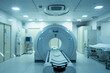 A large MRI machine is in a room with a blue wall. The machine is surrounded by a white bed