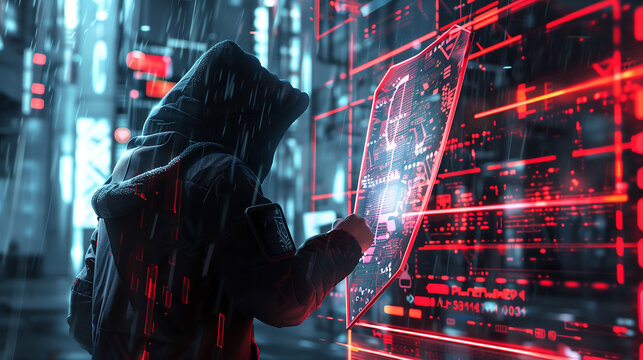  hacker in a black hooded jacket touching, digital shield on a glass wall surrounded by red glowing code and computer screen, futuristic cyberpunk city background