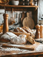Aufkleber - Freshly baked bread rests on a wooden cutting board in a warm, inviting kitchen setting. Generative AI