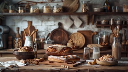 A cozy kitchen filled with an abundance of homemade bread loaves, rolls, and other delectable items. Generative AI