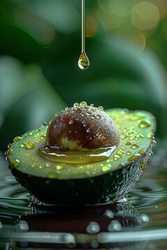 cut avocado on water, a drop of oil slowly sinks from the top onto the avocado, soft light and shado