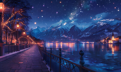 Wall Mural - illiustration A Magical Night The Sidewalks Are Illuminated by City Lights, Against the Background of Mountains Decorated with a Starry Sky