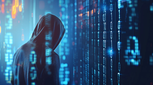 A hooded hacker is silhouetted against a backdrop of glowing, multicolored digital code, symbolizing cyber security , digital data , privacy