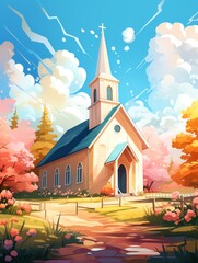 A beautiful digital painting of a church in a rural setting