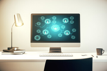 Wall Mural - modern computer display with social network icons concept. networking concept. 3d rendering