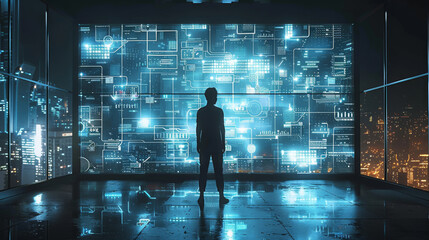 Wall Mural - A silhouette of a person standing in front of a giant digital screen with a flow of data showing various cyber threats and vulnerabilities, super detailed, real engine. Generative AI.