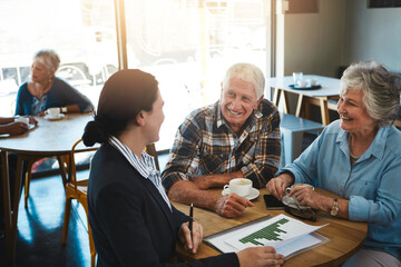 Poster - Senior couple, financial advisor and talking with paperwork, relax conversation and retirement planning. Insurance, savings and investment with professional, pensioner people and discussion in cafe