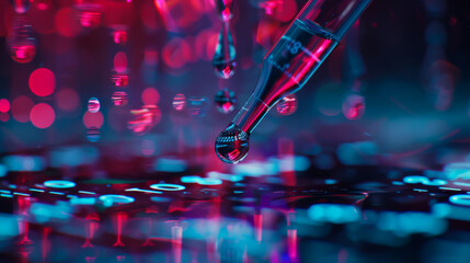 Canvas Print - Close-up of a pipette with a drop of DNA flowing out for research. Genetic research is carried out on a digital panel. Data, research concept.