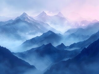 Poster - Misty Mountainscape at Dawn Emanating Peaceful Serenity and Sublime Natural Wonder