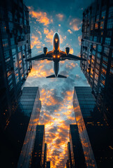 Wall Mural - Airplane flying over the city at sunset