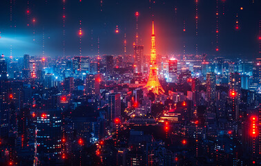 Wall Mural - Night cityscape with red light trails over Tokyo Japan. Tokyo is the capital city of Japan and one of the most populous metropolitan areas in the world.