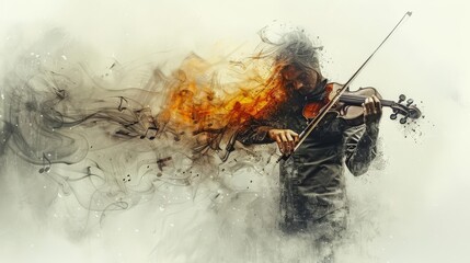 A symbolic representation of a classical musician playing a violin, with music notes turning into smoke and fading into the smog