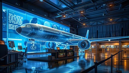 Wall Mural - Show a digital twin of an airplane being used in a control room to simulate flight conditions and maintenance needs