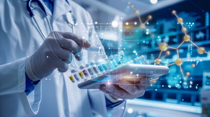 the hands of a scientist in a pharmaceutical company releases a new product or new medical equipment