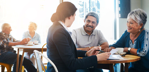 Senior couple, financial advisor and talking in meeting, relax conversation and estate planning or legacy policy. Insurance, asset management and professional, pensioner people and discussion in cafe