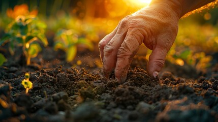 Hand of male touching soil in the field. Farmer is testing soil quality before sowing wheat. Agriculture, gardening, or ecology concept.