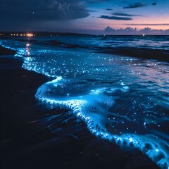 Canvas Print - Bioluminescent Plankton Glowing on a Tranquil Beachfront Under the Night Sky