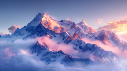 Poster - Majestic Mountain Landscape at Sunrise with Mist Covered Peaks Bathed in Warm Golden Light