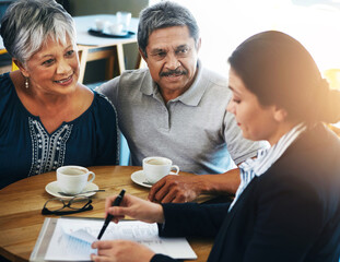 Poster - Senior couple, discussion and lawyer with documents for financial advice, retirement plan and will at home. Old man, elderly woman and attorney with paperwork, budget negotiation and legal agreement