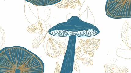 A blue mushroom with a white background featuring gold lines and leaves, website background, design template 