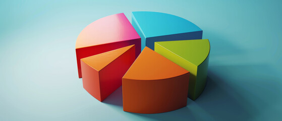 Wall Mural - A 3D pie chart stands out with its bold colors against a cool blue background, symbolizing data analysis.