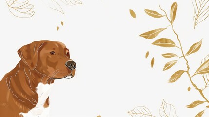 A dog with a white background featuring gold lines and leaves, website background, design template