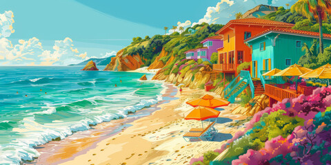 Wall Mural - watercolor painting of the sea and beach