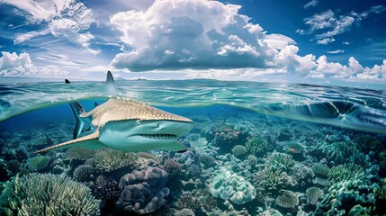 Wall Mural - Above and below the surface of the caribbean sea with coral reef and shark underwater and cloudy blue sky.