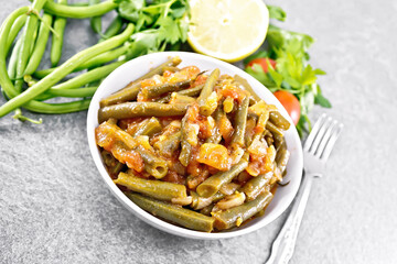 Poster - Beans green with vegetables in bowl on stone table