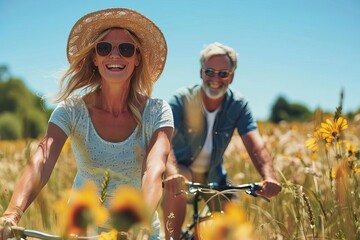 A happy senior couple cycling together through a vibrant, sunlit field, healthy aging