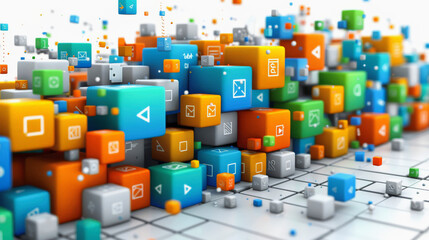 Wall Mural - A digital 3D illustration of a vast array of colorful, floating cubes with application icons, symbolizing a diverse ecosystem of software applications or digital technology.