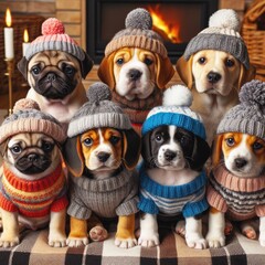 Many puppies wearing knitted hats and sweaters image art attractive harmony used for printing illustrator.