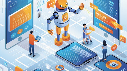Wall Mural - The image depicts a futuristic concept with a friendly robot interacting with humans amongst digital interfaces, symbolizing advanced technology in an interconnected world.