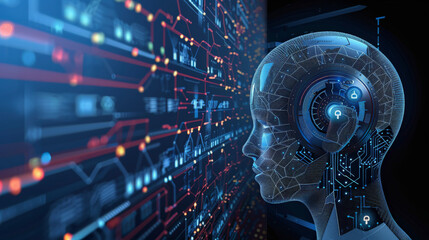 Wall Mural - A digital illustration showing a humanoid robot's head profile overlaid with circuit patterns against a backdrop filled with complex data visualizations and graphs.