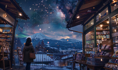 Wall Mural - The Magical Atmosphere Imagines Shopping at Night in the Shop Area with Views of the Starry Sky and Mountains on the Horizon