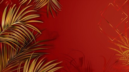 A palm tree with a red background featuring gold lines and leaves, website background, design template