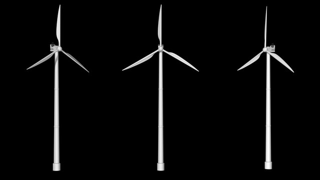 Wind turbines on isolated black background. 3D rendered illustration.