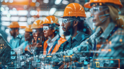 Wall Mural - A group of focused industrial workers wearing hard hats and safety goggles, with a digital interface overlay suggesting advanced manufacturing technology or automation.