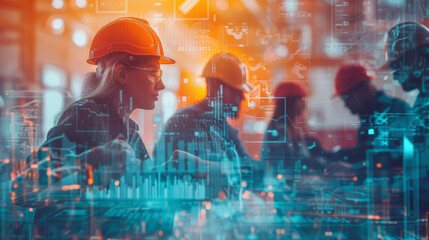Wall Mural - The image depicts workers in hard hats with a digital overlay, symbolizing a fusion of construction, industry, and advanced technology in a futuristic setting.