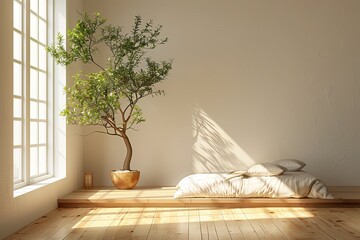 Wall Mural - Sunlit minimalist bedroom interior with wooden floor and white walls, potted plant in center.