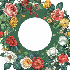 Wall Mural - Folk art pattern frame with roses and flowers, emerald green background, white circle in the middle for text, colorfu