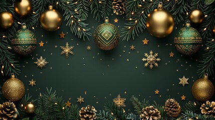 Wall Mural - This luxury christmas invitation card art deco design modern features Christmas tree, bauble ball, snowflake, star line art on a green background. Illustration suitable for a cover, poster, or