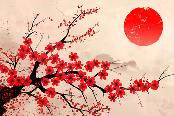 Wall Mural - Red Japanese Blossom Illustration.