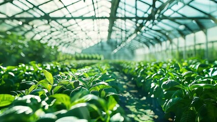 inside of a large greenhouse with fresh green natural plants