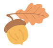 Oak acorn with autumn leaf in flat design. Forest tree nut with brown cap. Vector illustration isolated.