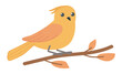 Orange bird on branch in flat design. Forest birdie sits on autumn twig. Vector illustration isolated.